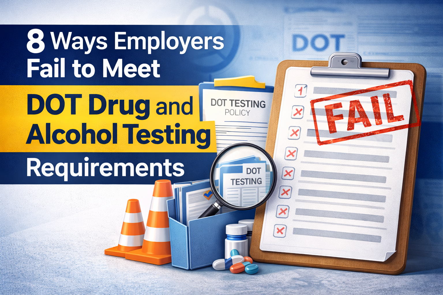 DOT compliance checklist with drug and alcohol testing forms and a clipboard