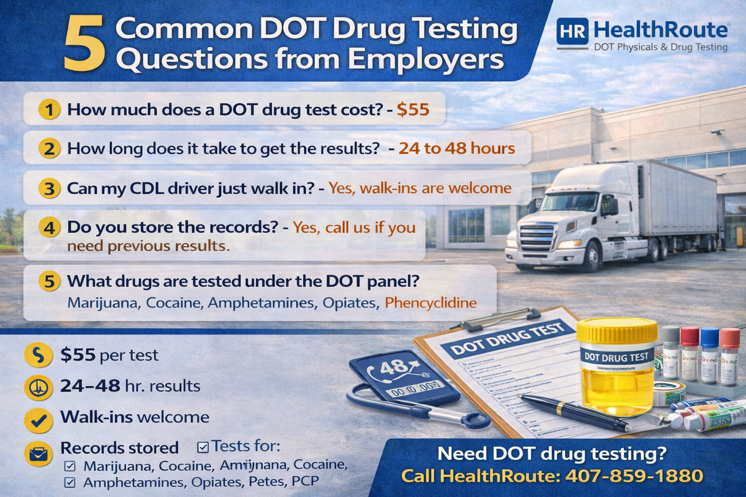 Common DOT drug testing questions from employers including cost, turnaround time, walk-ins, record storage, and DOT 5-panel drugs