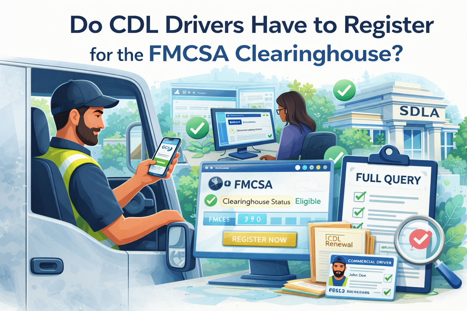 CDL driver reviewing FMCSA Clearinghouse registration rules, employer queries, and license status requirements