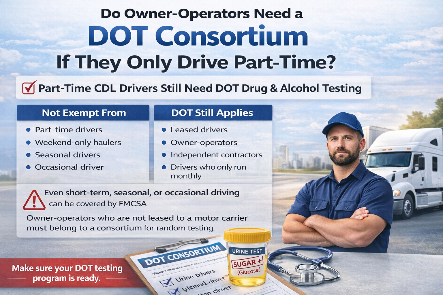 Owner-operator CDL driver reviewing DOT consortium and random testing rules for part-time driving