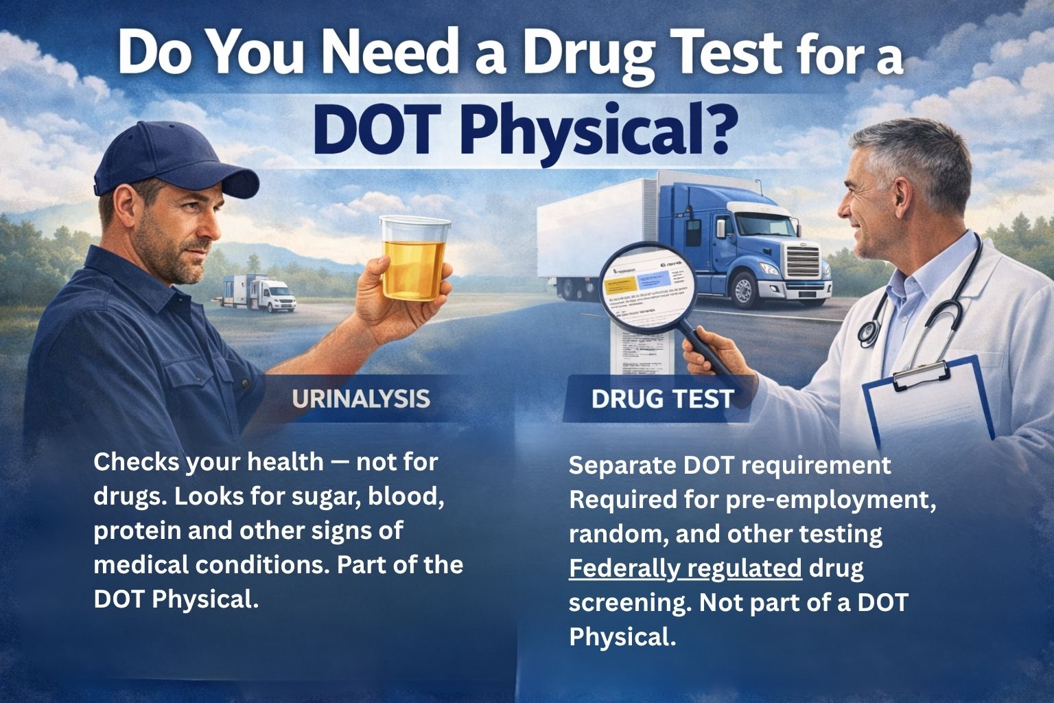 Do you need a drug test for a DOT physical? DOT physical urinalysis is different from DOT drug testing