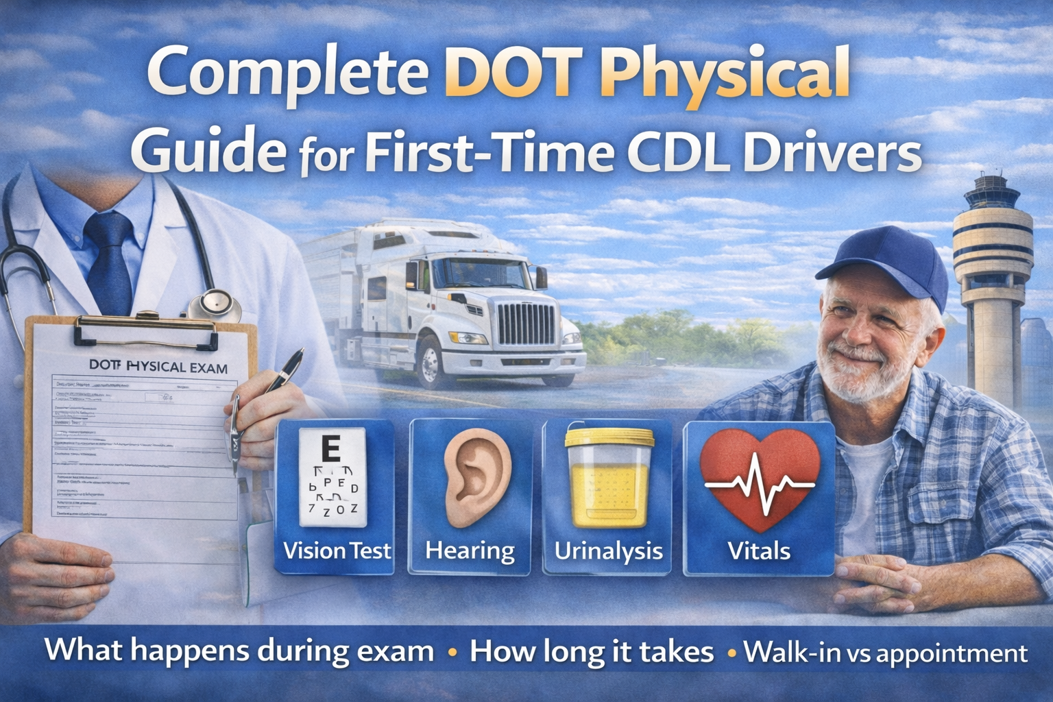 First-time CDL driver DOT physical guide: what happens during exam, vision, hearing, urinalysis, vitals