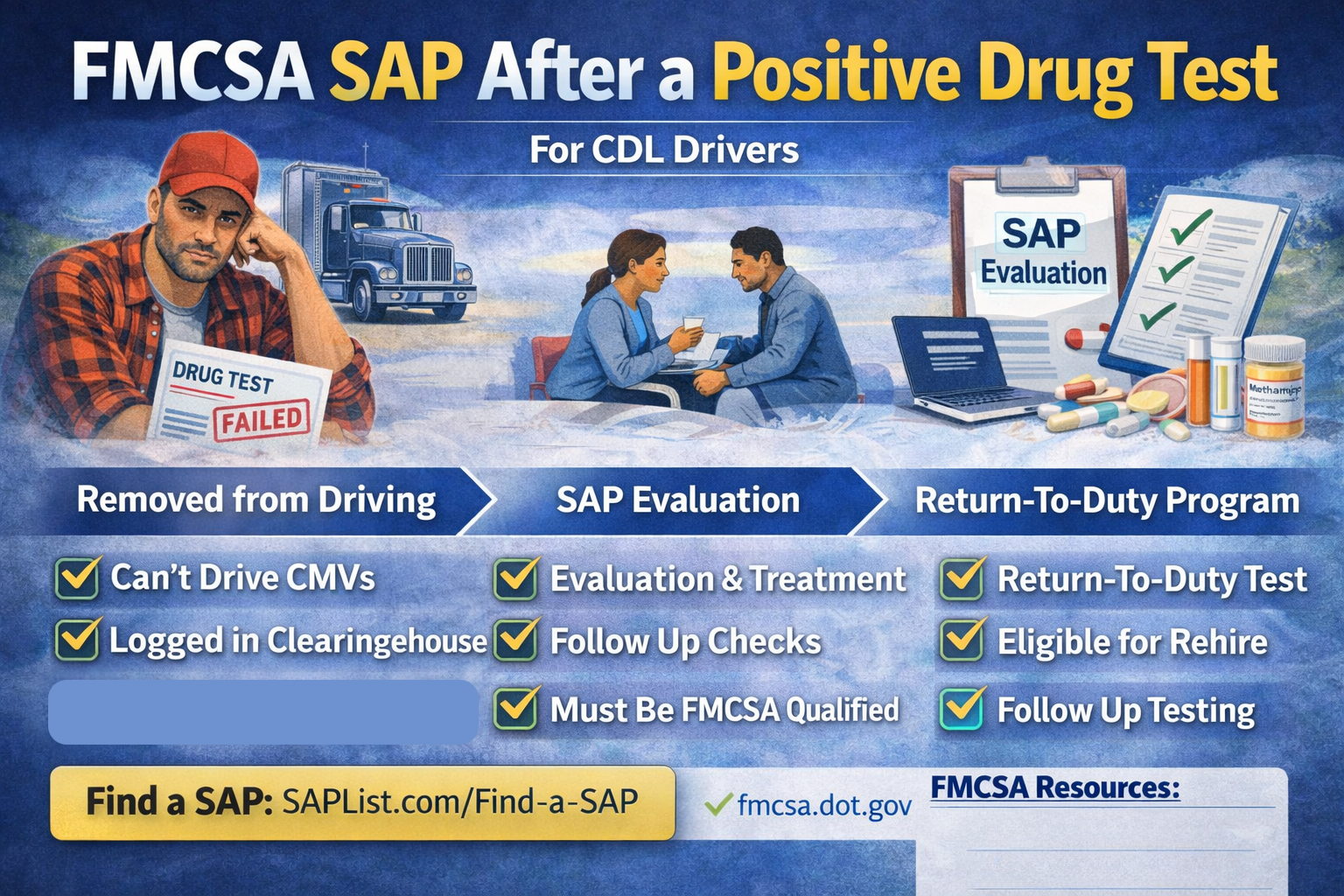 CDL driver learning the FMCSA SAP return-to-duty process after a positive DOT drug test