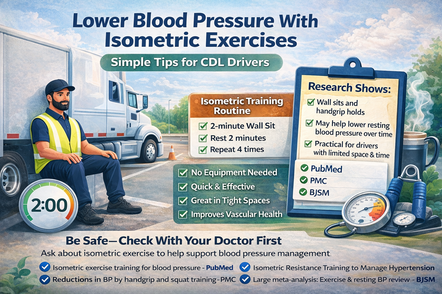 CDL driver friendly isometric exercises such as wall sits and handgrip holds for blood pressure support