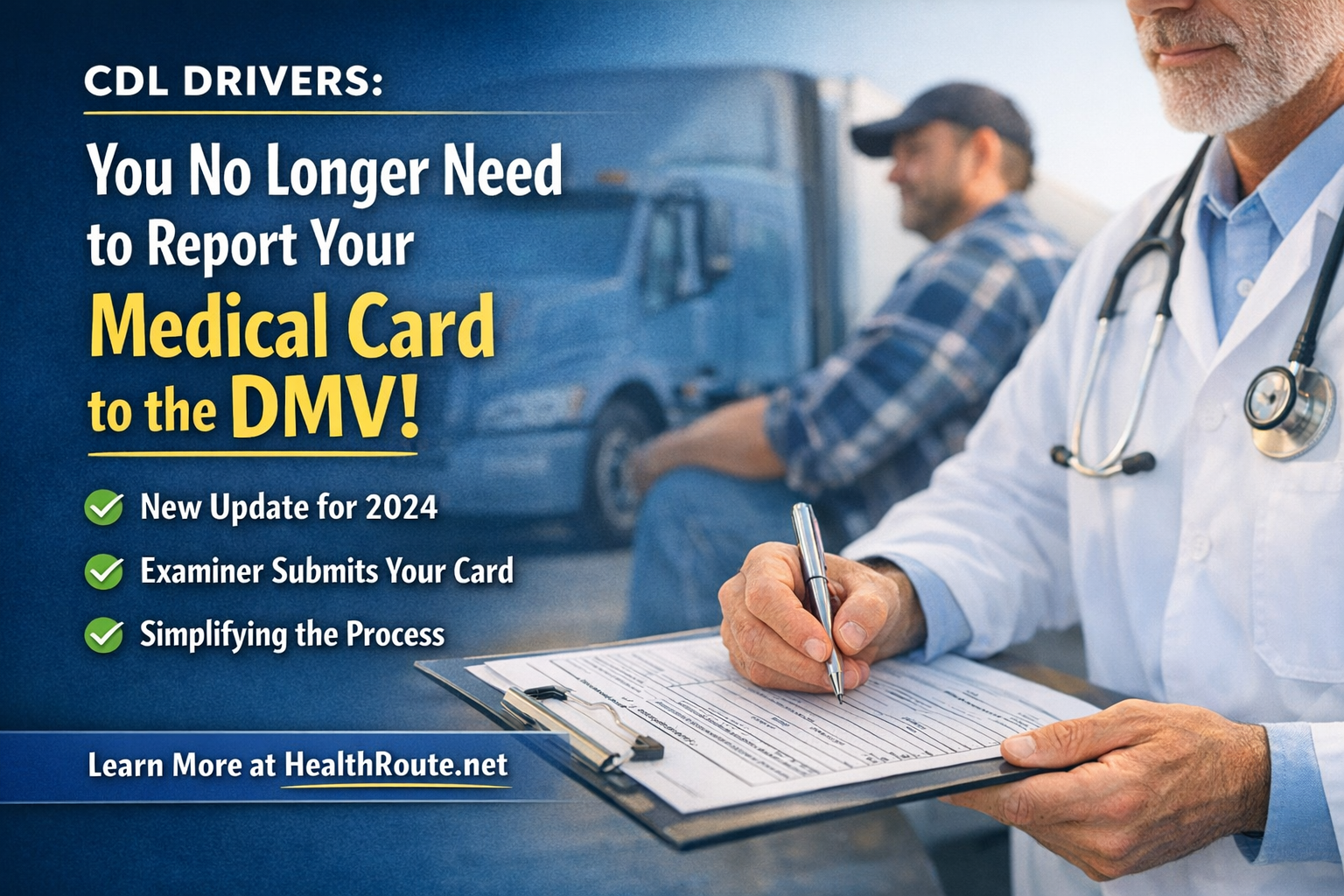 CDL driver holding a DOT medical card with a checklist of compliance steps
