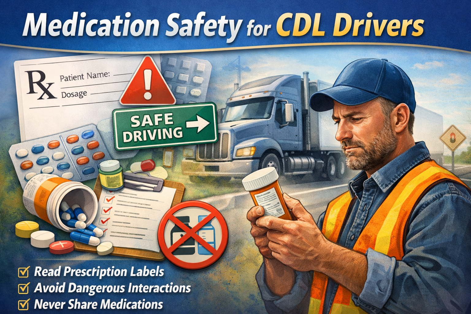 CDL driver reviewing a prescription label and medication safety information