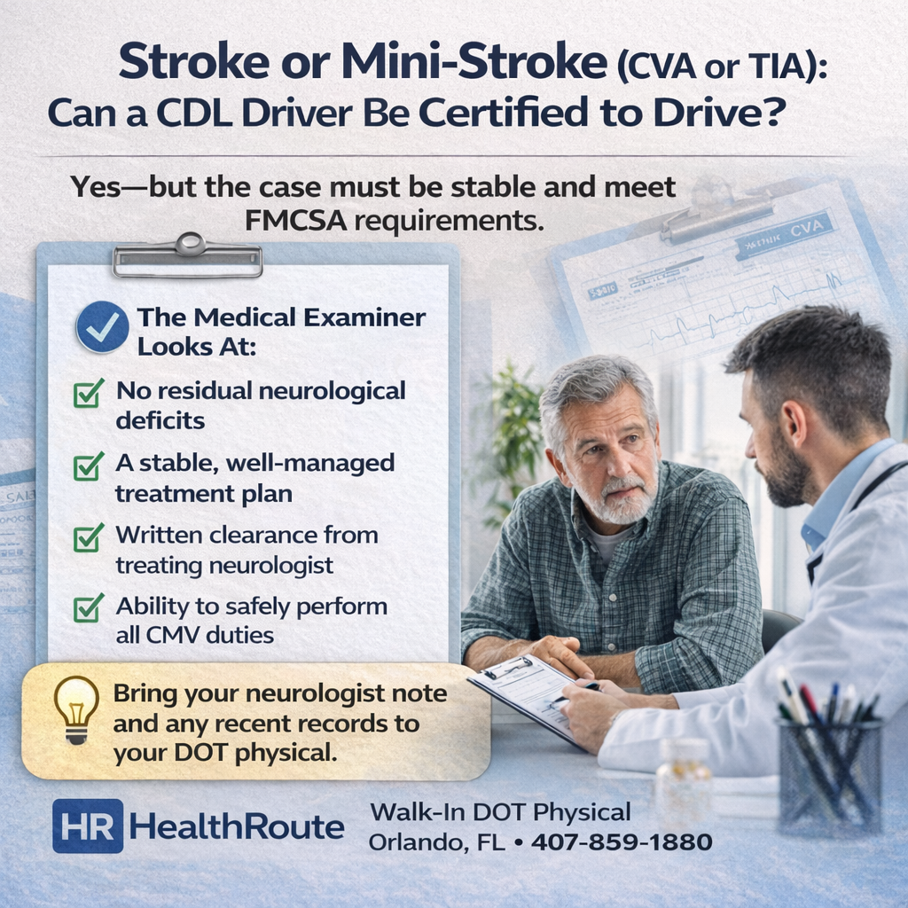 Stroke or mini-stroke CVA or TIA and DOT physical certification for CDL drivers