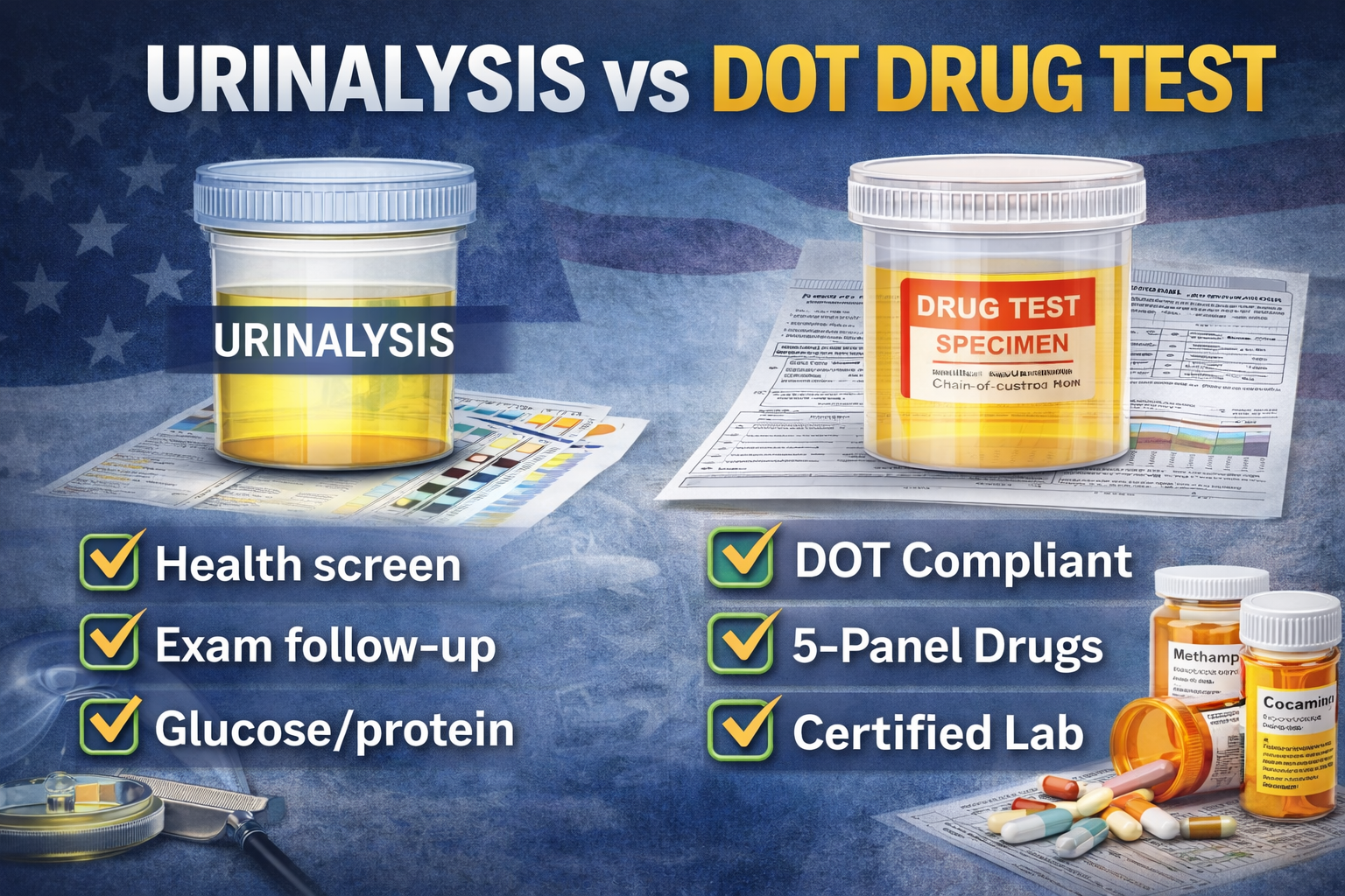 Urinalysis vs DOT drug test: DOT physical urine health screening versus DOT certified lab drug testing with chain of custody